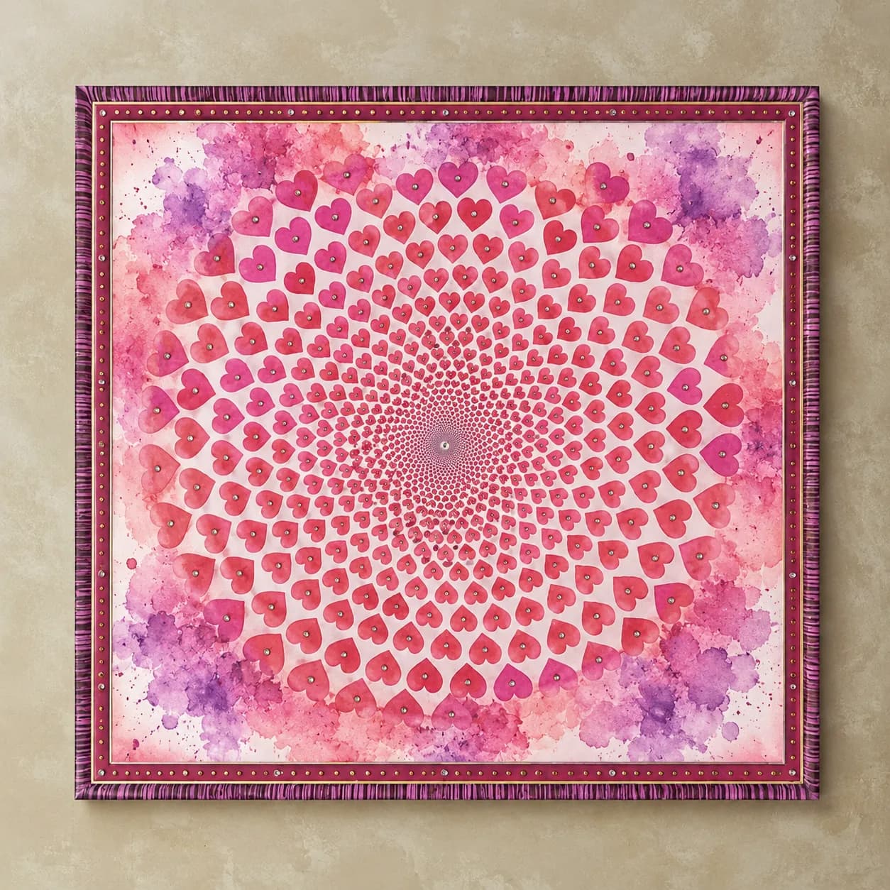 Framed artwork of hundreds of small hearts arranged in a spiral