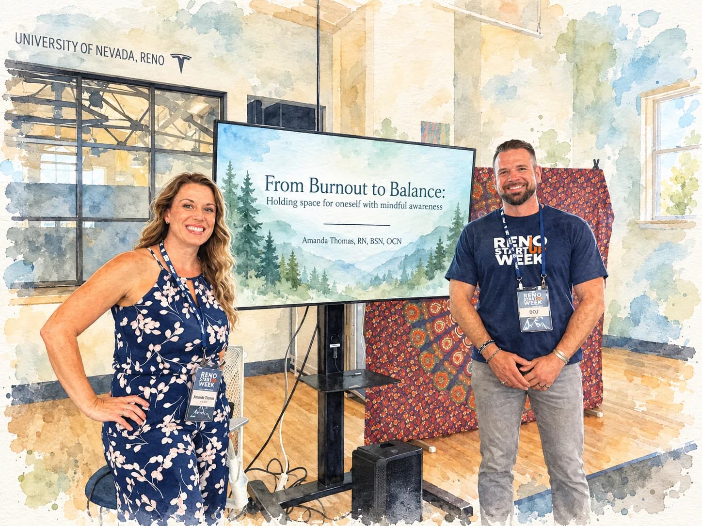 Amanda Lee beside her "From Burnout to Balance" title slide at Reno Startup Week