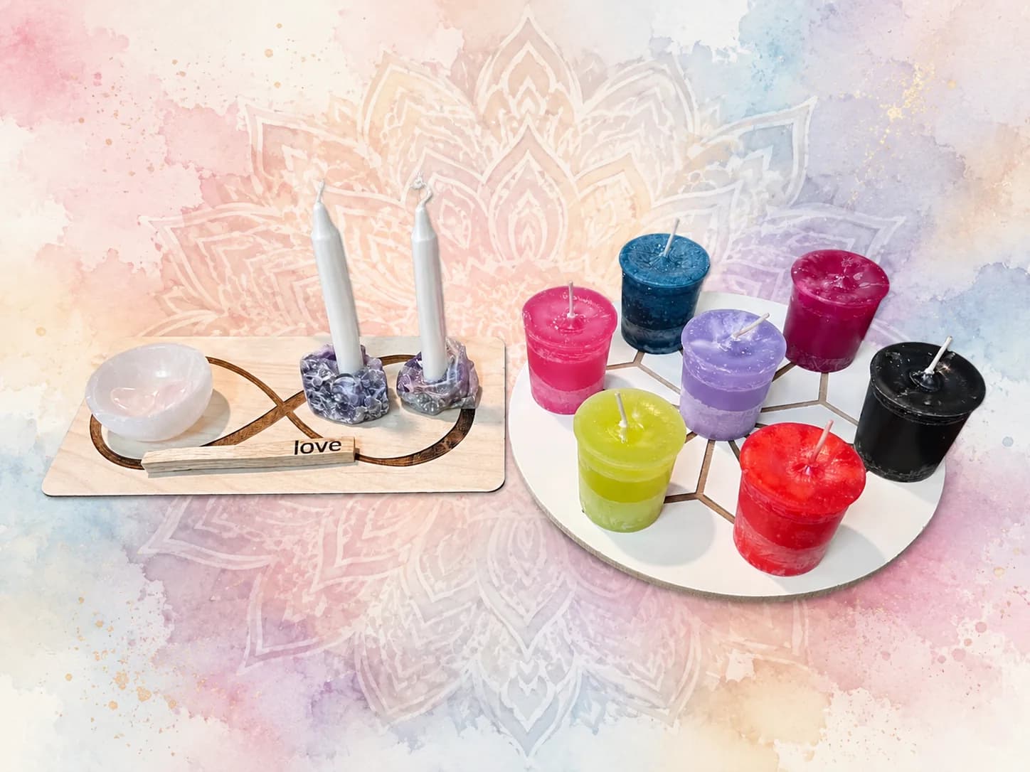 Ceremony keepsake set — chakra candles, rose quartz, palo santo and an engraved love board