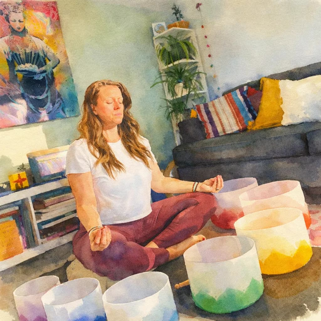 Amanda Lee meditating in her cottage studio, surrounded by crystal singing bowls