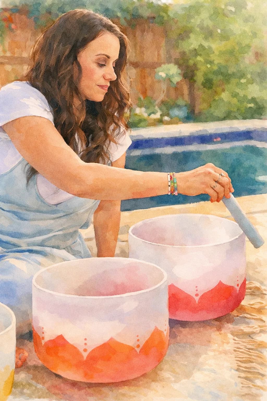 Close view of hands playing a crystal singing bowl