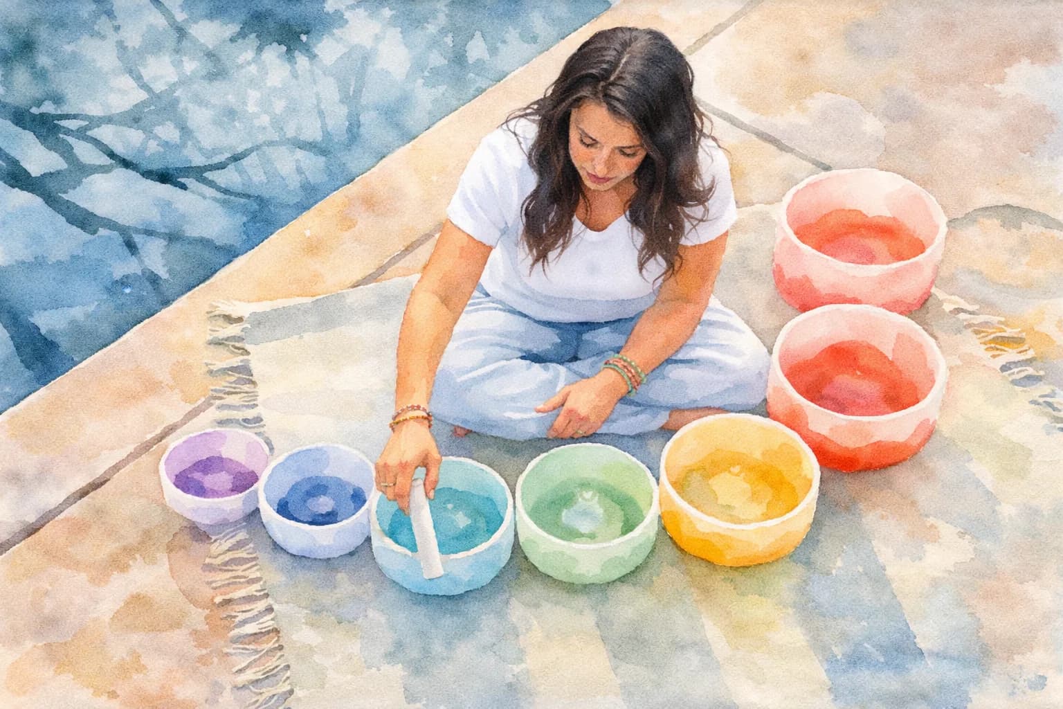 Overhead view of Amanda Lee playing a row of crystal singing bowls