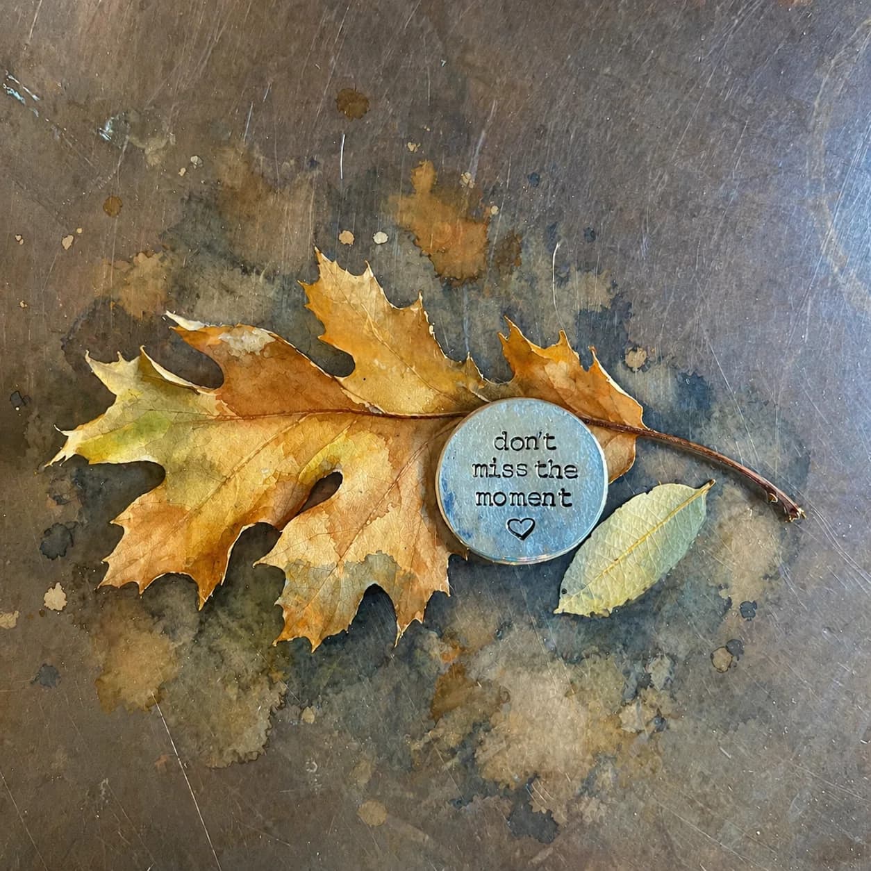 A pewter pocket stone stamped "don't miss the moment" resting on an autumn oak leaf