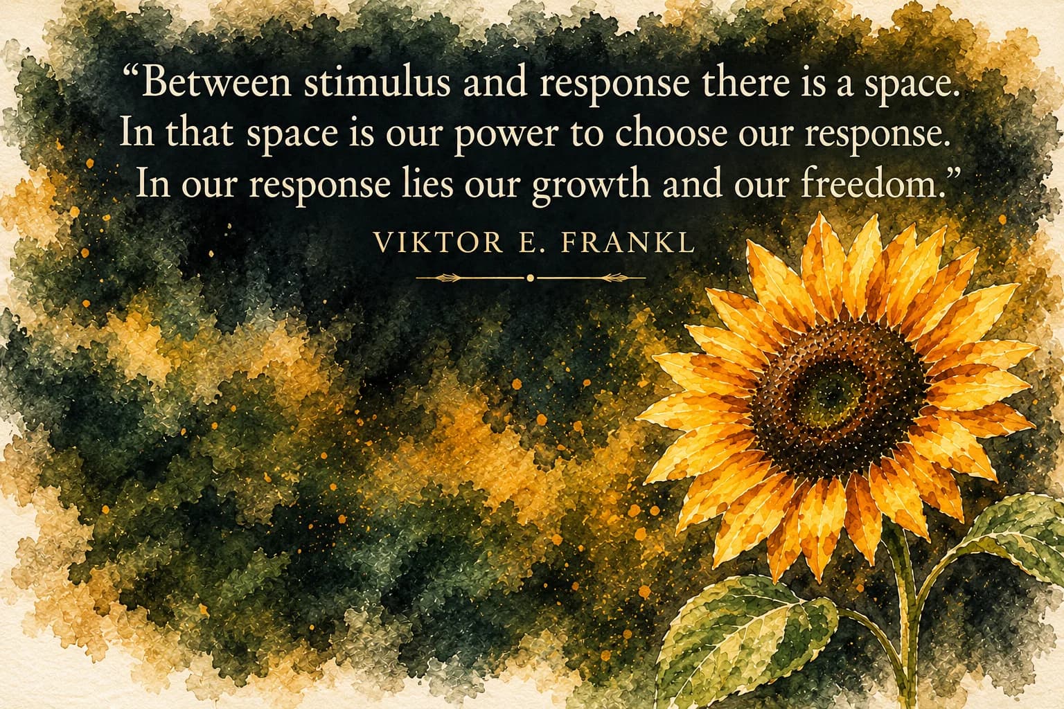 Quote: "Between stimulus and response there is a space. In that space is our power to choose our response. In our response lies our growth and our freedom." — Viktor E. Frankl, beside a watercolor sunflower